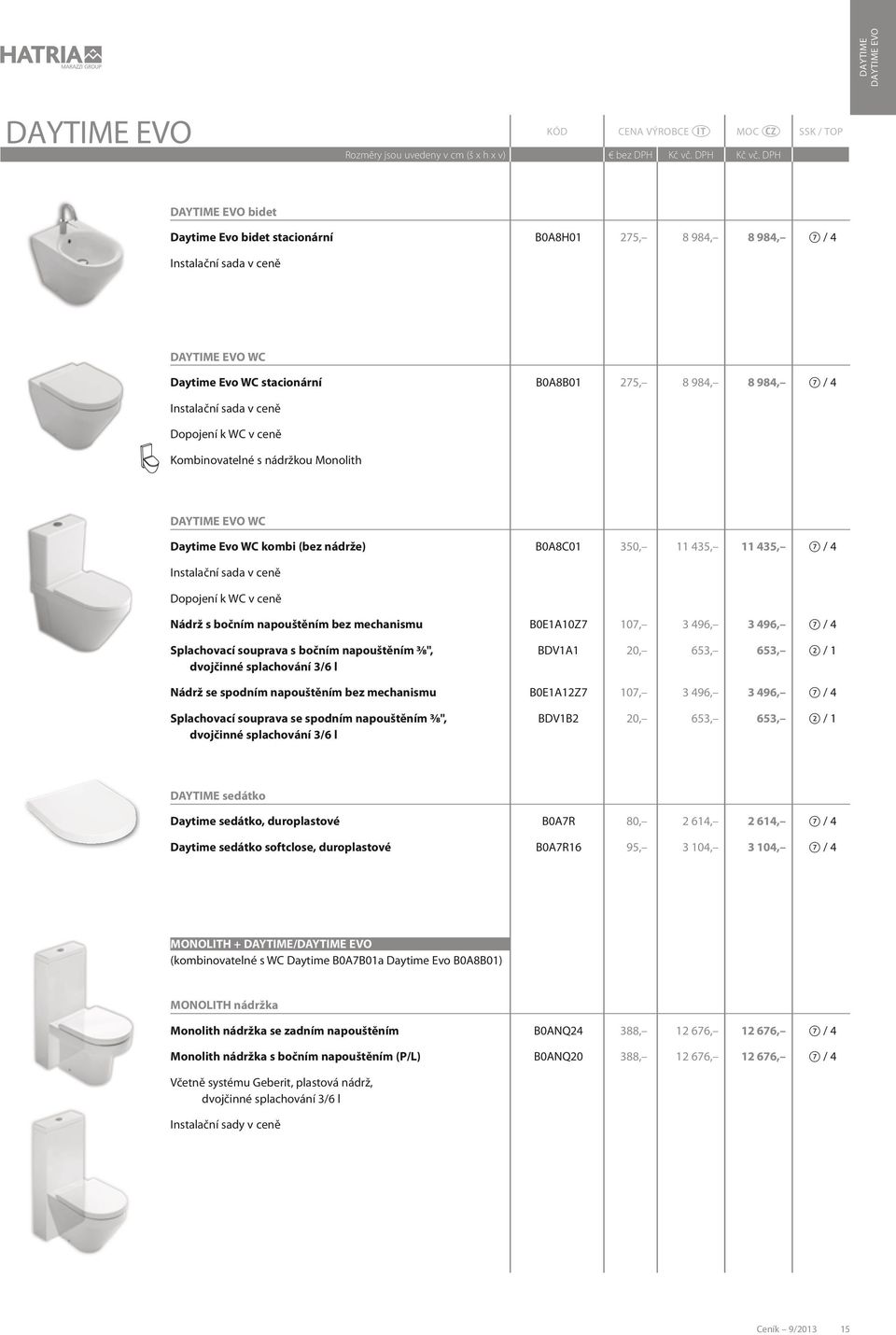 B0E1A10Z7 107, 3 496, 3 496, 7 / 4 Splachovací souprava s bočním napouštěním 3 8", BDV1A1 20, 653, 653, 2 / 1 dvojčinné splachování 3/6 l Nádrž se spodním napouštěním bez mechanismu B0E1A12Z7 107, 3