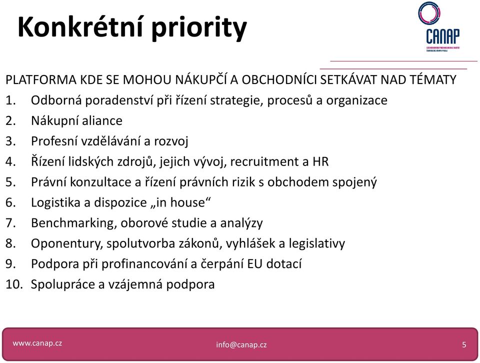 Řízení lidských zdrojů, jejich vývoj, recruitment a HR 5. Právní konzultace a řízení právních rizik s obchodem spojený 6.