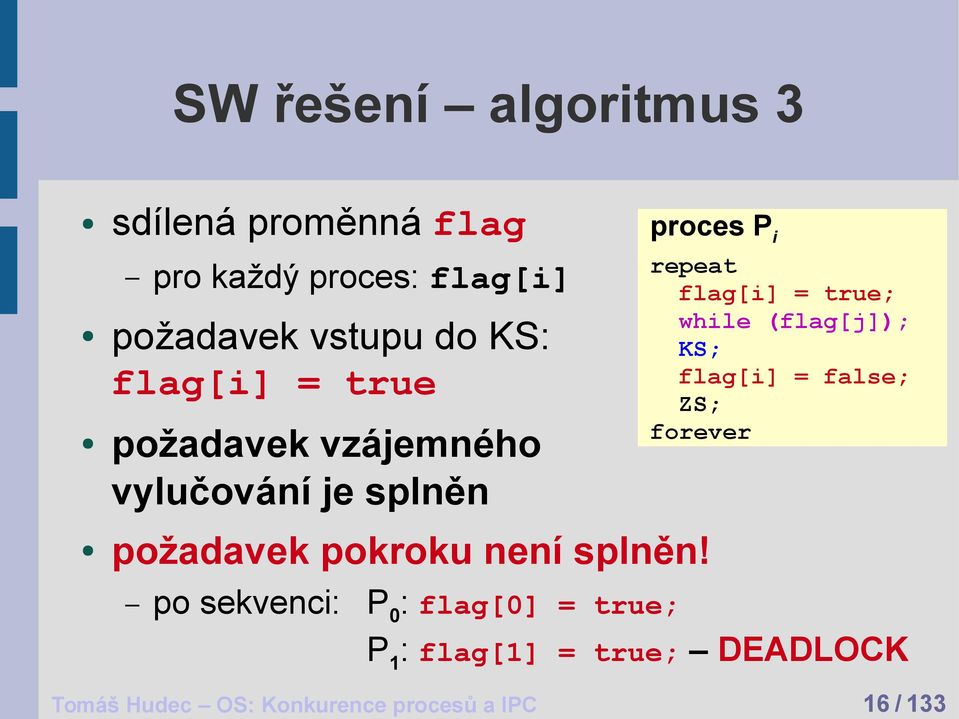 while (flag[j]); KS; flag[i] = false; ZS; forever požadavek pokroku není splněn!