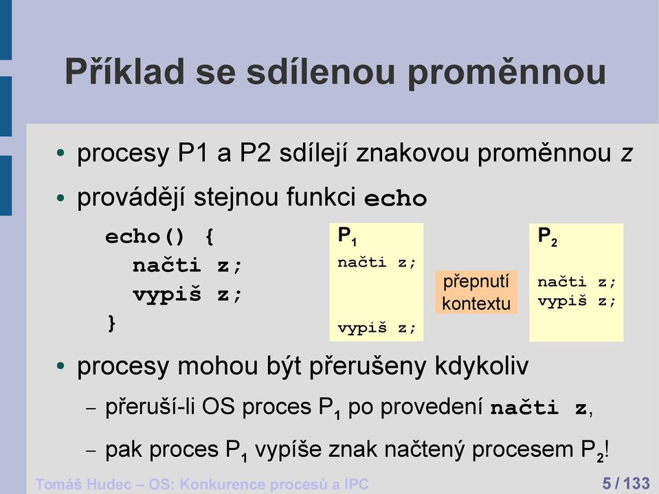 načti z; vypiš z; přepnutí kontextu procesy mohou být přerušeny kdykoliv přeruší-li OS proces