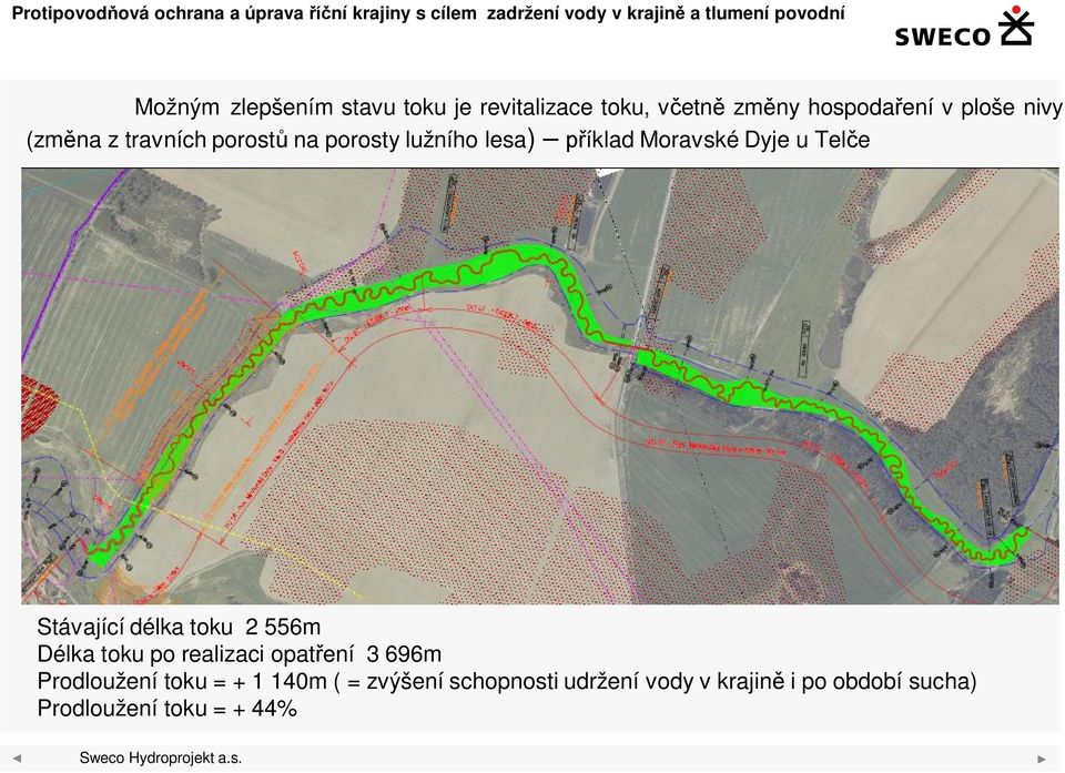 Stávající délka toku 2 556m Délka toku po realizaci opatření 3 696m Prodloužení toku = +