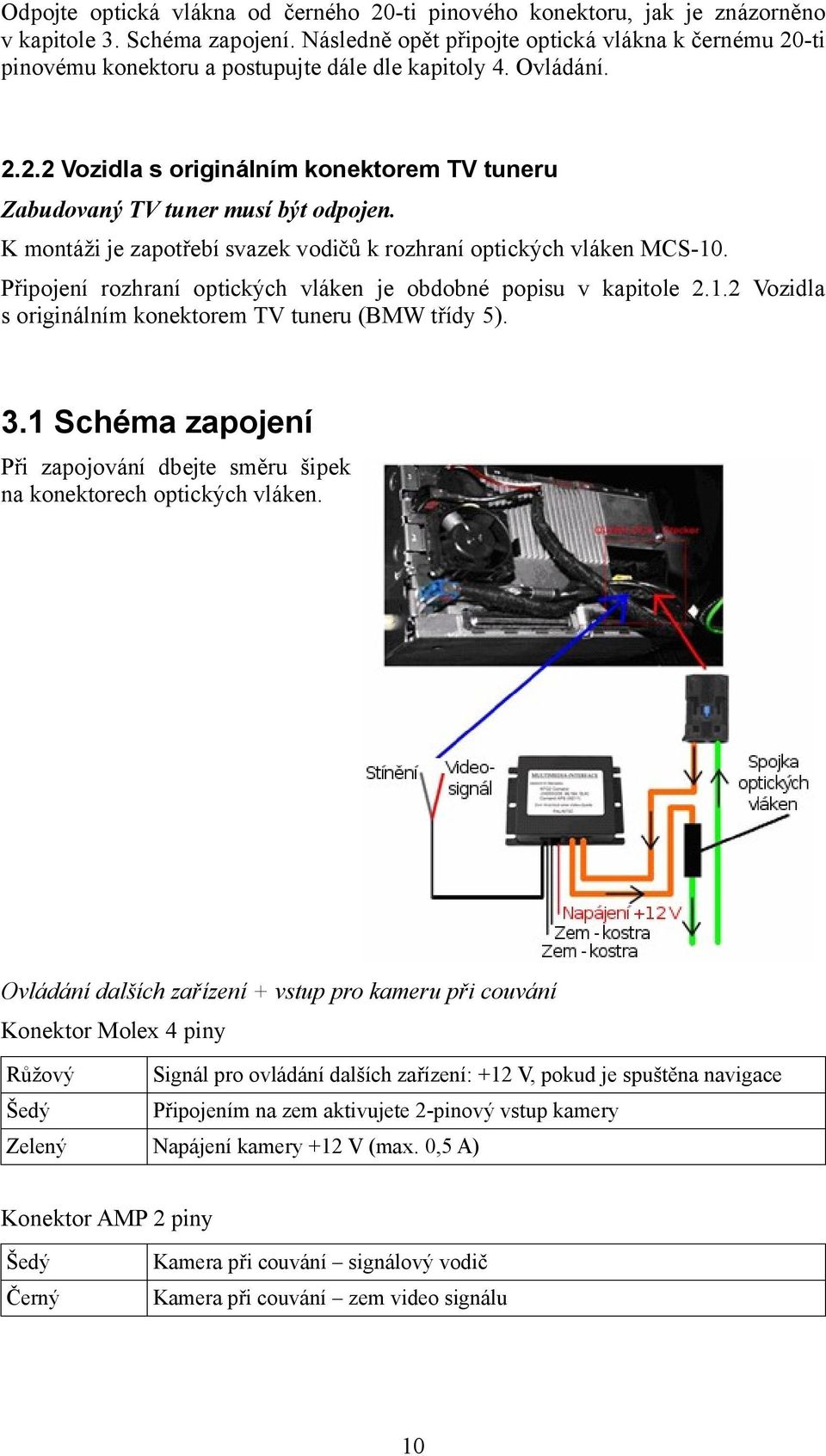 K montáži je zapotřebí svazek vodičů k rozhraní optických vláken MCS-10. Připojení rozhraní optických vláken je obdobné popisu v kapitole 2.1.2 Vozidla s originálním konektorem TV tuneru (BMW třídy 5).