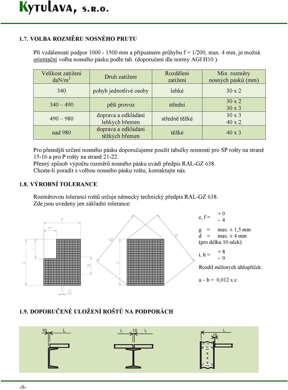 rozměry nosných pásků (mm) 340 pohyb jednotlivé osoby lehké 30 x 2 340 490 pěší provoz střední 490 980 nad 980 doprava a odkládání lehkých břemen doprava a odkládání těžkých břemen středně těžké 30 x