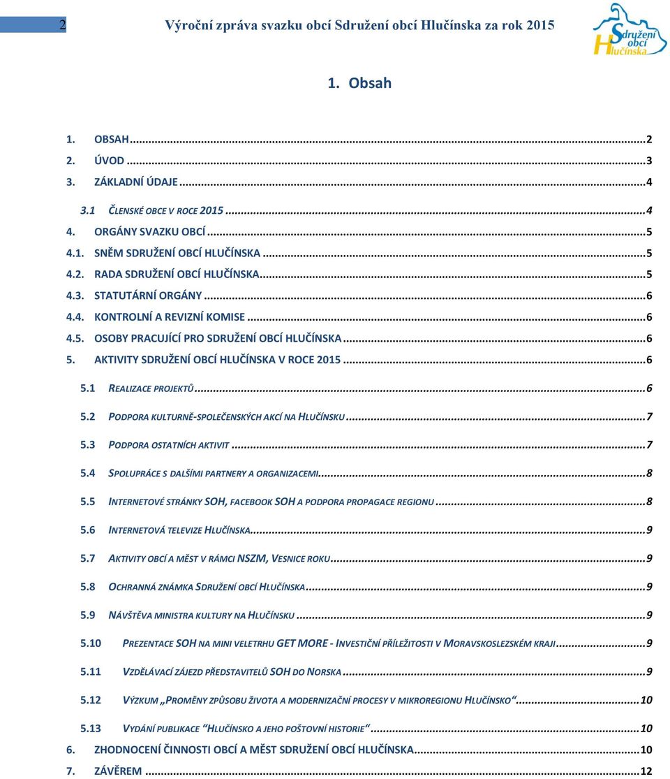 AKTIVITY SDRUŽENÍ OBCÍ HLUČÍNSKA V ROCE 2015... 6 5.1 REALIZACE PROJEKTŮ... 6 5.2 PODPORA KULTURNĚ-SPOLEČENSKÝCH AKCÍ NA HLUČÍNSKU... 7 5.3 PODPORA OSTATNÍCH AKTIVIT... 7 5.4 SPOLUPRÁCE S DALŠÍMI PARTNERY A ORGANIZACEMI.