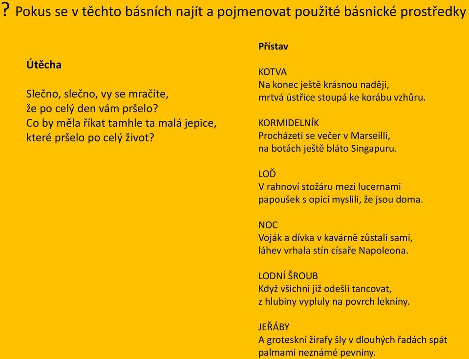 KORMIDELNÍK Procházeti se večer v Marseilli, na botách ještě bláto Singapuru. LOĎ V rahnoví stožáru mezi lucernami papoušek s opicí myslili, že jsou doma.