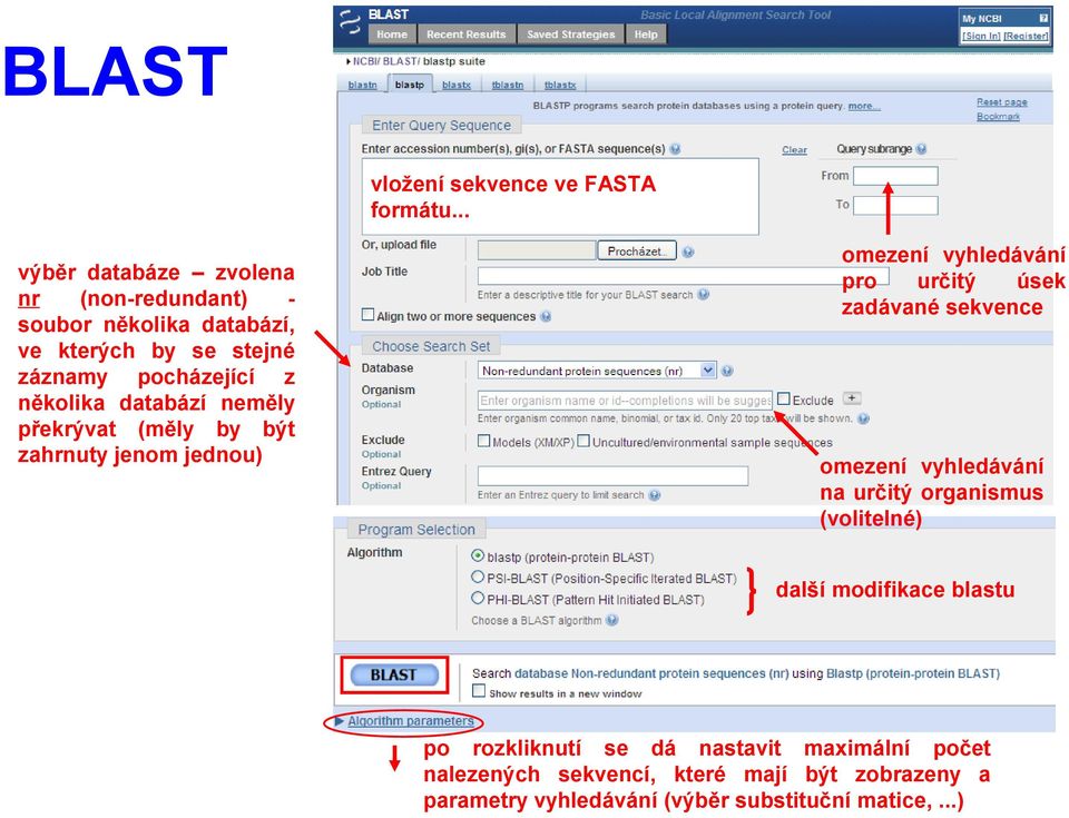 databází neměly překrývat (měly by být zahrnuty jenom jednou) omezení vyhledávání pro určitý úsek zadávané sekvence omezení