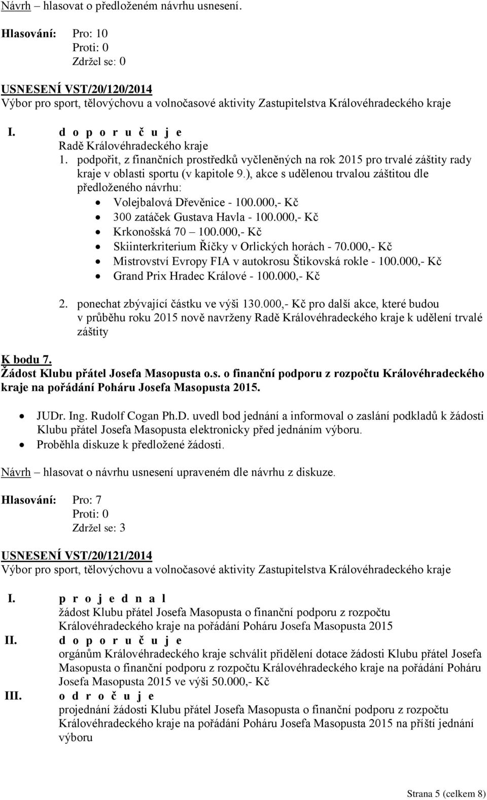 ), akce s udělenou trvalou záštitou dle předloženého návrhu: Volejbalová Dřevěnice - 100.000,- Kč 300 zatáček Gustava Havla - 100.000,- Kč Krkonošská 70 100.