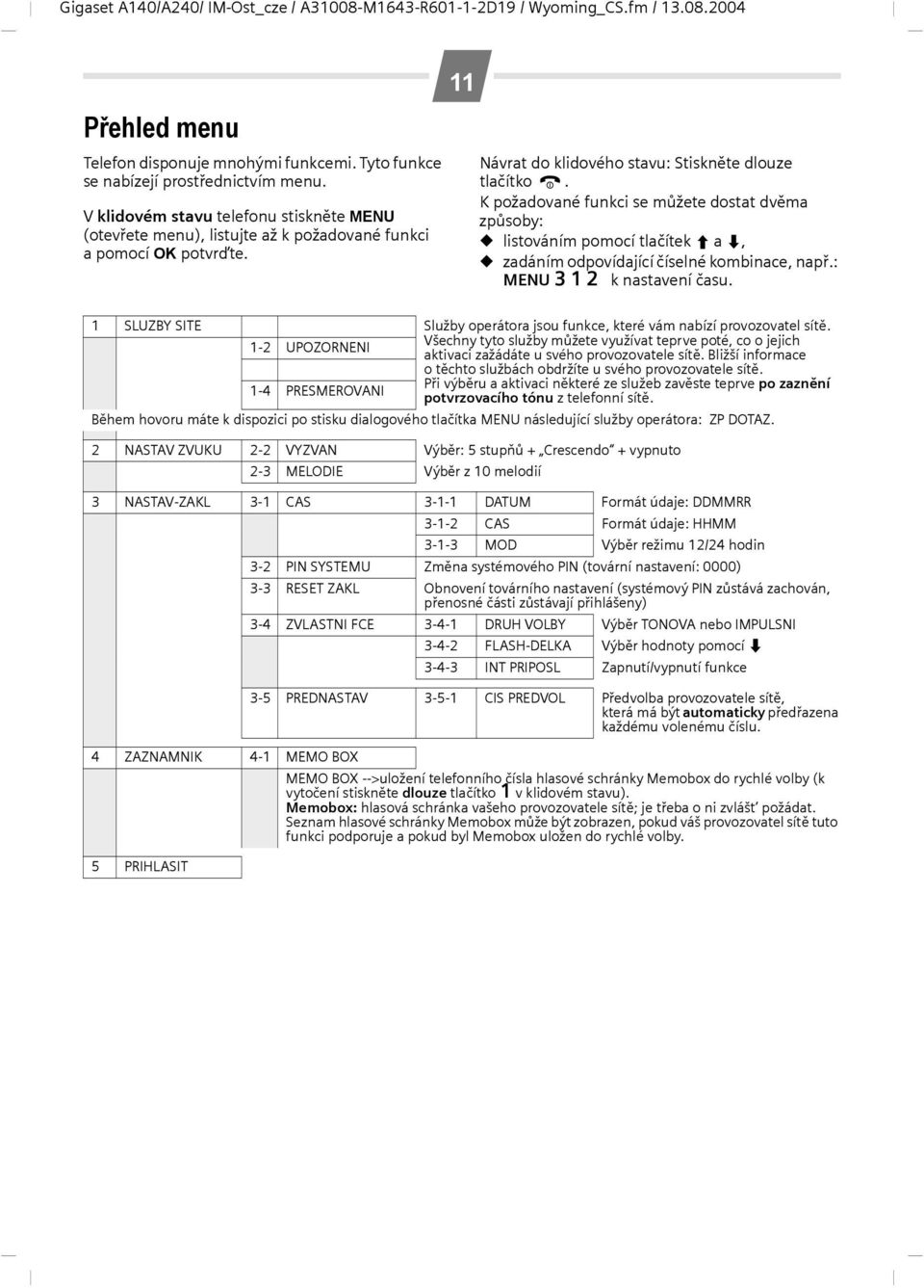 K požadované funkci se můžete dostat dvěma způsoby: listováním pomocí tlačítek t a s, zadáním odpovídající číselné kombinace, např.: MENU I12 k nastavení času.