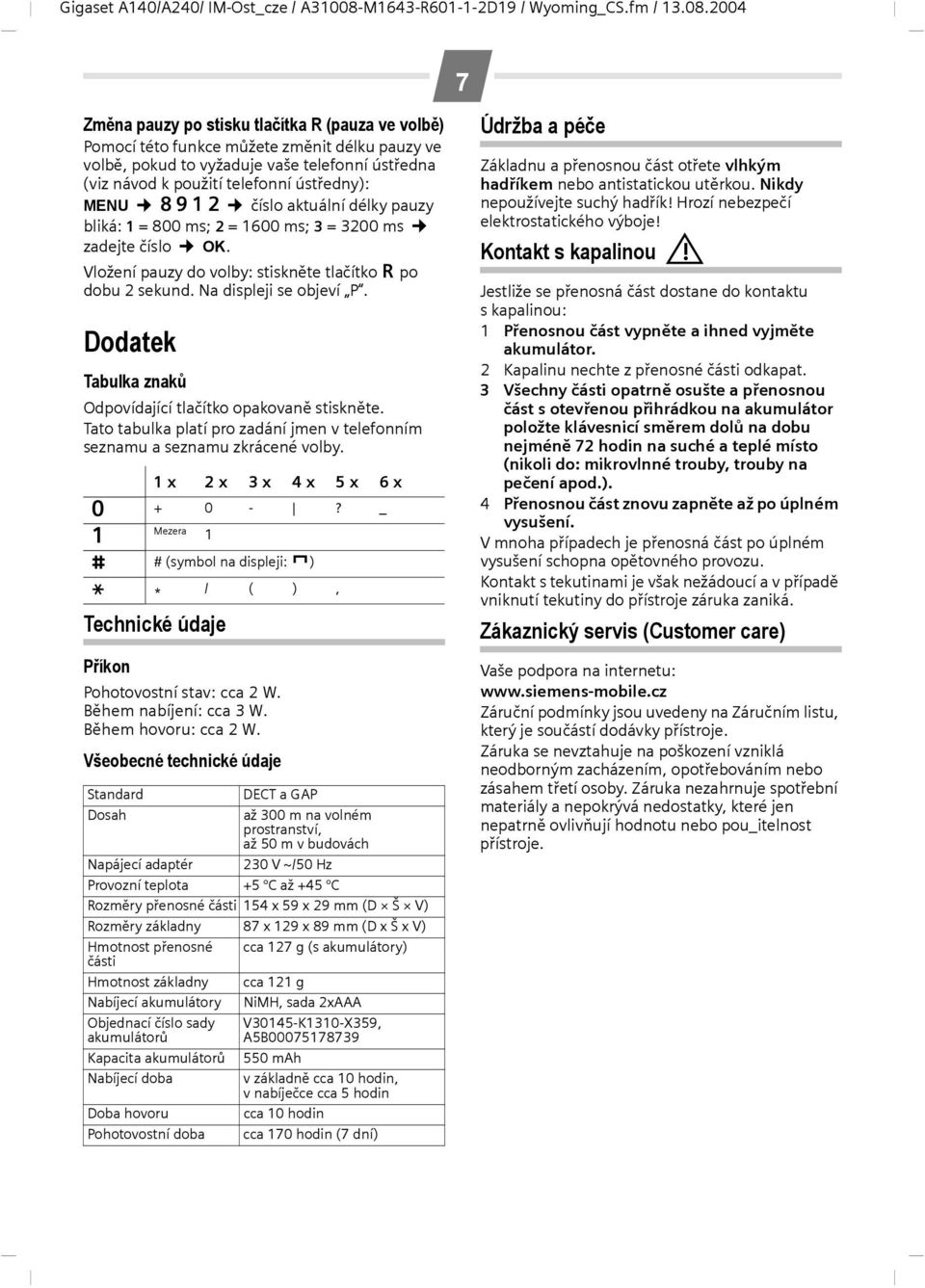 Dodatek Tabulka znaků Odpovídající tlačítko opakovaně stiskněte. Tato tabulka platí pro zadání jmen v telefonním seznamu a seznamu zkrácené volby. 1 x 2 x 3 x 4 x 5 x 6 x Q + 0 -?