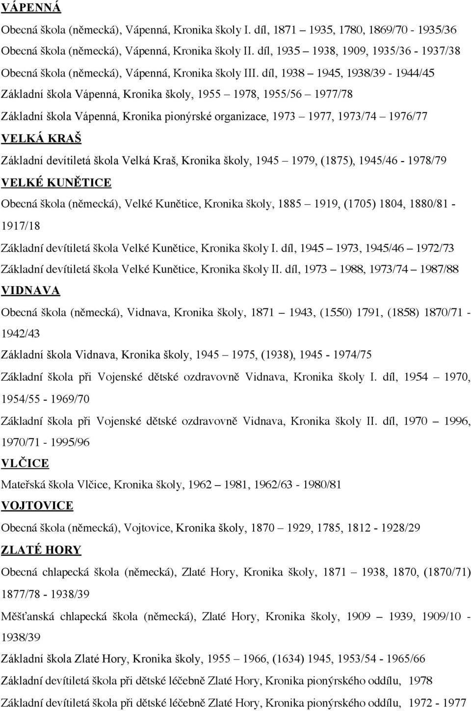 díl, 1938 1945, 1938/39-1944/45 Základní škola Vápenná, Kronika školy, 1955 1978, 1955/56 1977/78 Základní škola Vápenná, Kronika pionýrské organizace, 1973 1977, 1973/74 1976/77 VELKÁ KRAŠ Základní