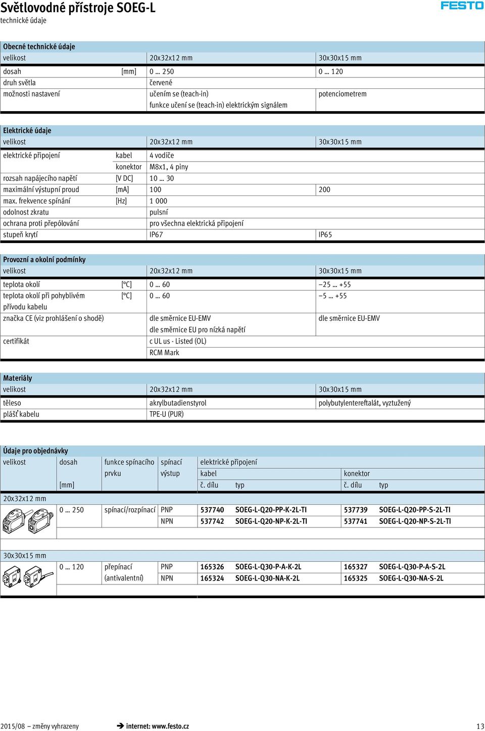 frekvence spínání [Hz] 1 000 ochrana proti přepólování pro všechna elektrická připojení stupeň krytí IP67 IP65 30x30x15 mm teplota okolí [ C] 0 60 25 +55 teplota okolí při pohyblivém [ C] 0 60 5 +55