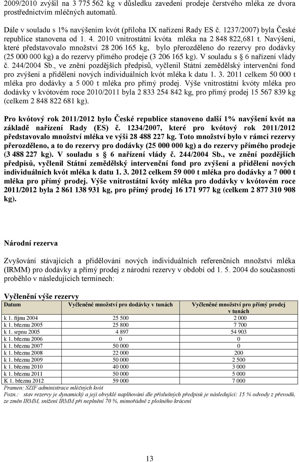 Navýšení, které představovalo množství 28 206 165 kg, bylo přerozděleno do rezervy pro dodávky (25 000 000 kg) a do rezervy přímého prodeje (3 206 165 kg). V souladu s 6 nařízení vlády č. 244/2004 Sb.