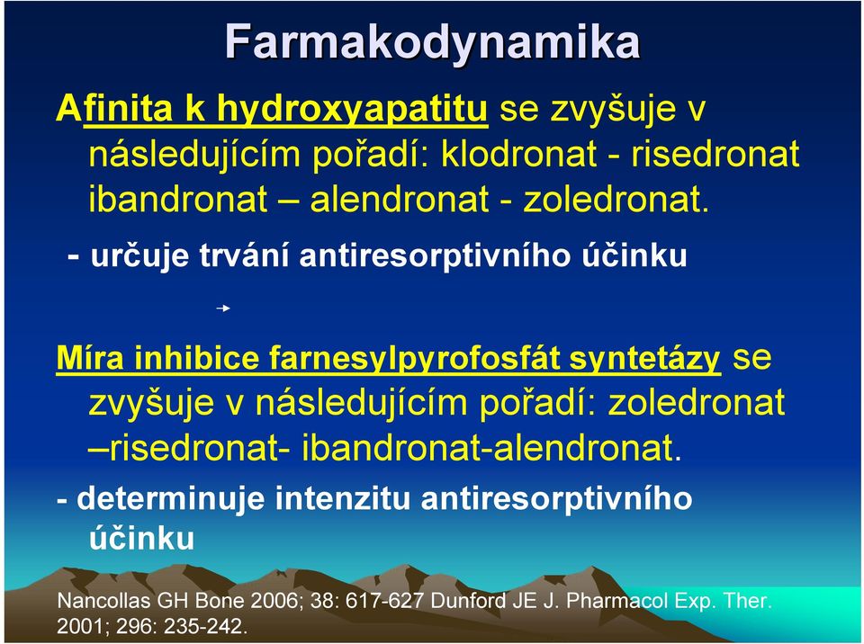 - určuje trvání antiresorptivního účinku Míra inhibice farnesylpyrofosfát syntetázy se zvyšuje v následujícím