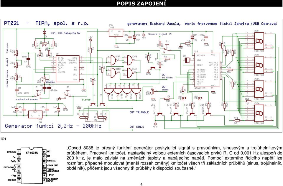 Pracovní kmitočet, nastavitelný volbou externích časovacích prvkù R, C od 0,001 Hz alespoň do 200 khz, je málo závislý na