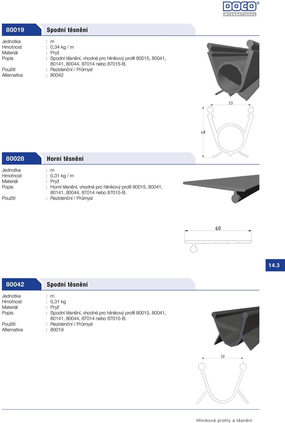 : Rezidenční / Průmysl Alternativa : 80042 80028 Horní těsnění : m : 0,31 kg / m : Horní těsnění, vhodné pro hliníkový profil