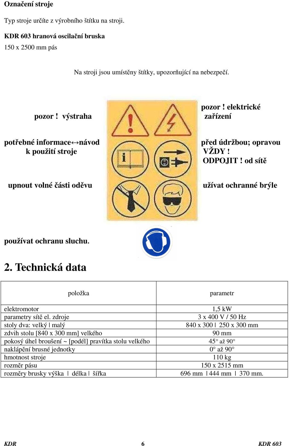 od sítě upnout volné části oděvu užívat ochranné brýle používat ochranu sluchu. 2. Technická data položka parametr elektromotor 1,5 kw parametry sítě el.