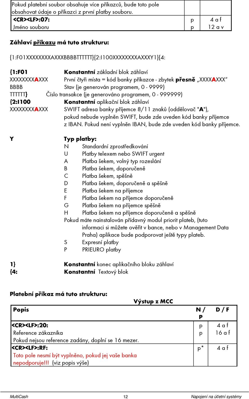 = kód banky říkazce - zbytek řesně XXXXAXXX BBBB Stav (je generován rogramem, 0-9999) TTTTTT} Číslo transakce (je generováno rogramem, 0-999999) {2:I100 Konstantní alikační blok záhlaví XXXXXXXXAXXX