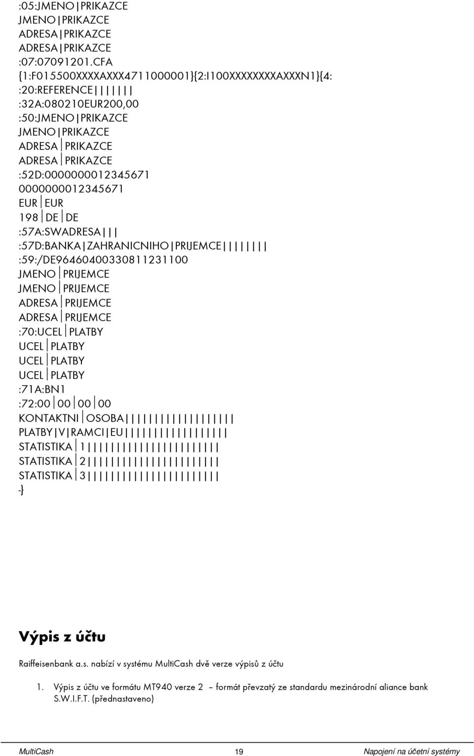 EUR EUR 198 DE DE :57A:SWADRESA :57D:BANKA ZAHRANICNIHO PRIJEMCE :59:/DE96460400330811231100 JMENO PRIJEMCE JMENO PRIJEMCE ADRESA PRIJEMCE ADRESA PRIJEMCE :70:UCEL PLATBY UCEL PLATBY UCEL PLATBY UCEL
