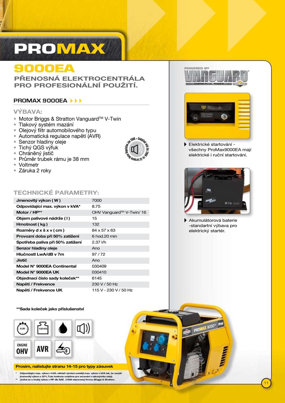 Chráněný jistič Průměr trubek rámu je 38 mm Voltmetr Záruka 2 roky Elektrické startování - všechny ProMax9000EA mají elektrické i ruční startování.
