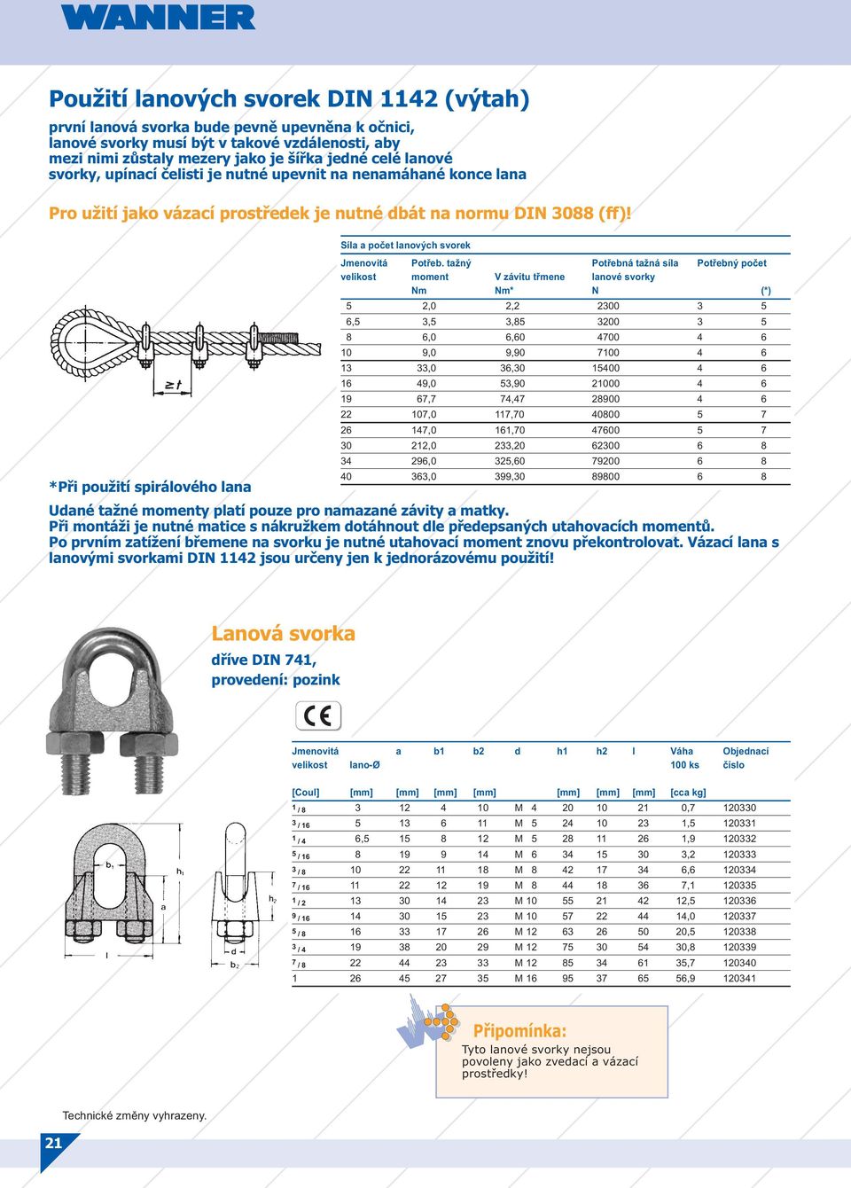*Při použití spirálového lana Síla a počet lanových svorek Jmenovitá Potřeb.
