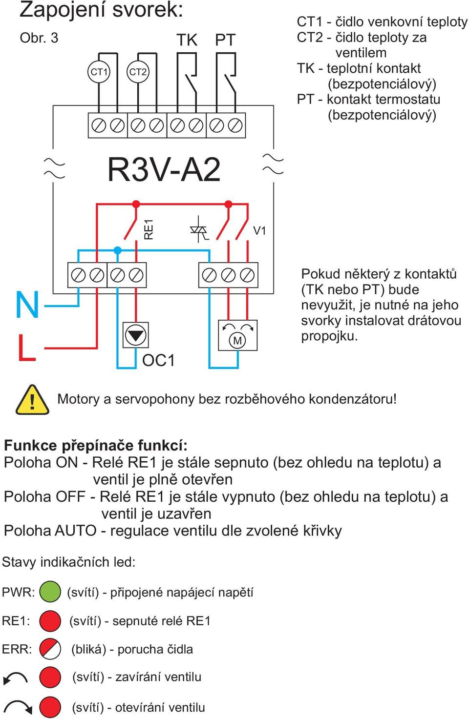 kontaktů (TK nebo PT) bude nevyužit, je nutné na jeho svorky instalovat drátovou propojku. Motory a servopohony bez rozběhového kondenzátoru!