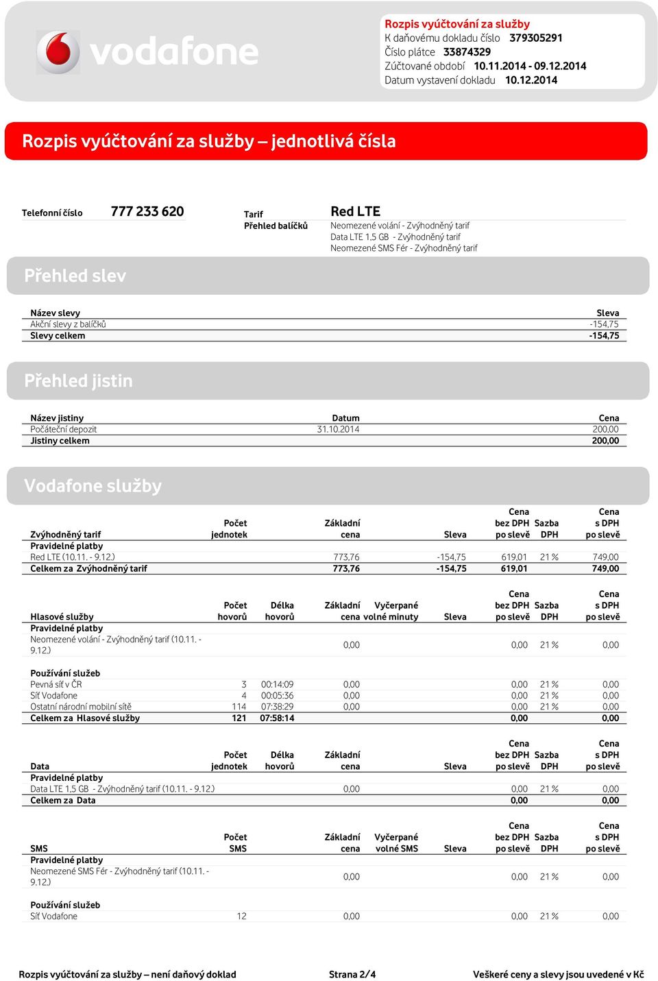 2014 200,00 Jistiny celkem 200,00 Vodafone služby jednotek DPH Zvýhodněný tarif Pravidelné platby A Red LTE (10.11. - 9.12.