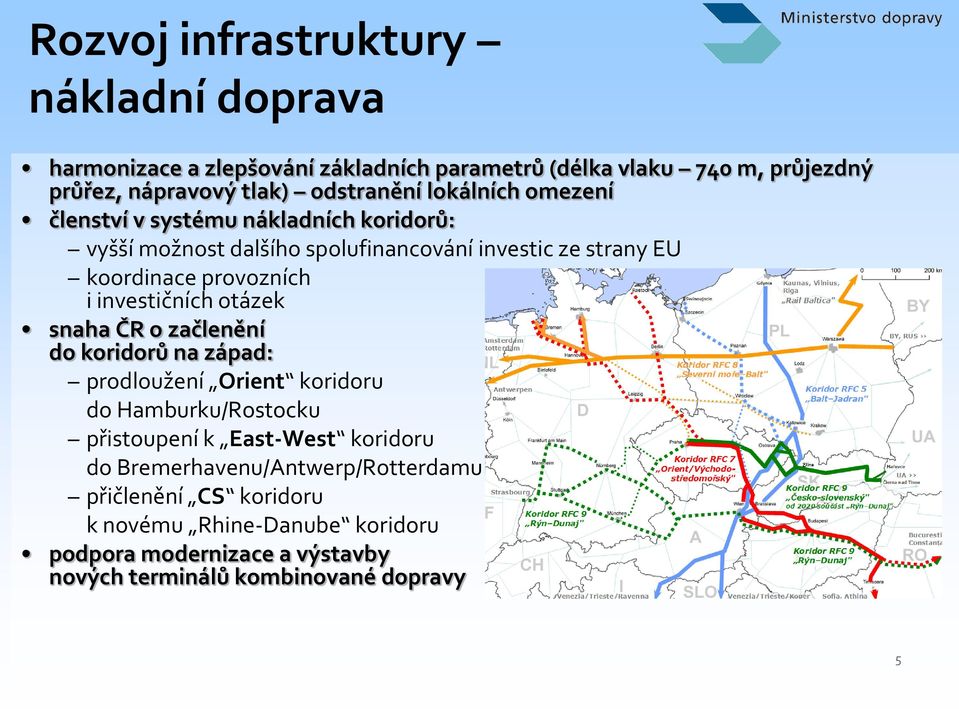 provozních i investičních otázek snaha ČR o začlenění do koridorů na západ: prodloužení Orient koridoru do Hamburku/Rostocku přistoupení k East-West