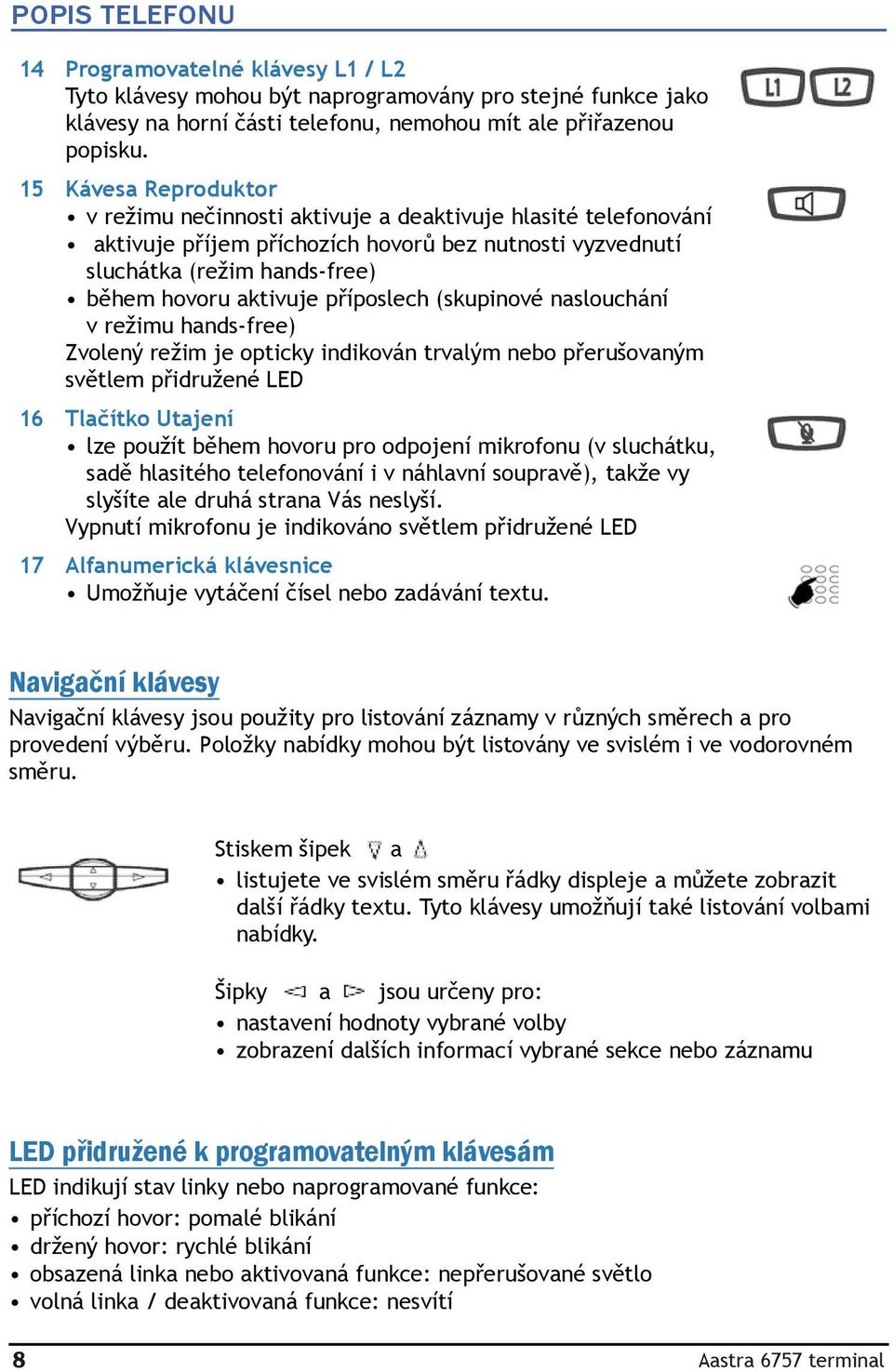 příposlech (skupinové naslouchání v režimu hands-free) Zvolený režim je opticky indikován trvalým nebo přerušovaným světlem přidružené LED 16 Tlačítko Utajení lze použít během hovoru pro odpojení