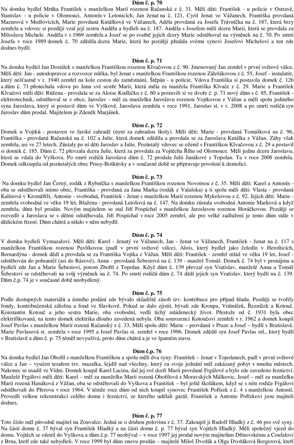 121, Cyril ženat ve Vážanech, Františka provdaná Mazurová v Medlovicích, Marie provdaná Kutálková ve Vážanech, Adéla provdaná za Josefa Trávníčka na č.