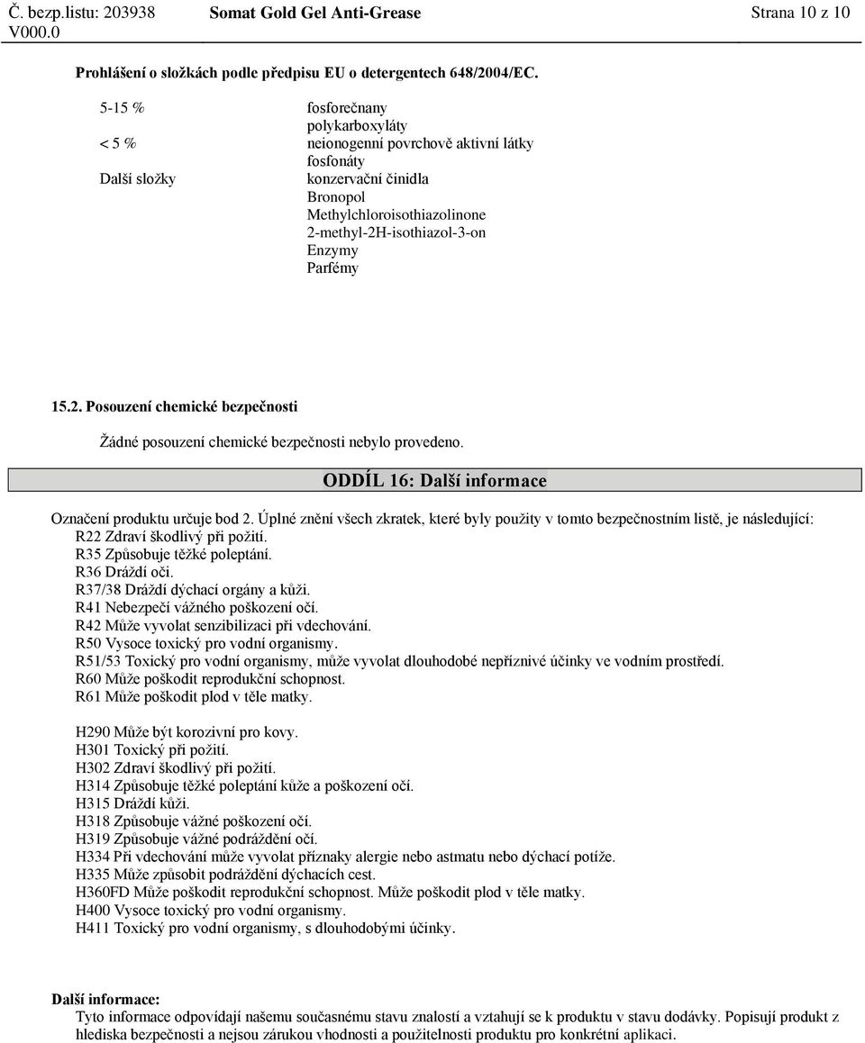 Parfémy 15.2. Posouzení chemické bezpečnosti Žádné posouzení chemické bezpečnosti nebylo provedeno. ODDÍL 16: Další informace Označení produktu určuje bod 2.