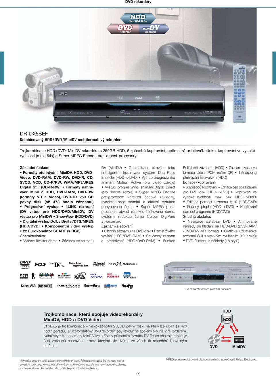 nahrávání: MiniDV, HDD, DVD-RAM, DVD-RW (formáty VR a Video), DVD-R 250 GB pevný disk (až 473 hodin záznamu) Progresivní výstup i.
