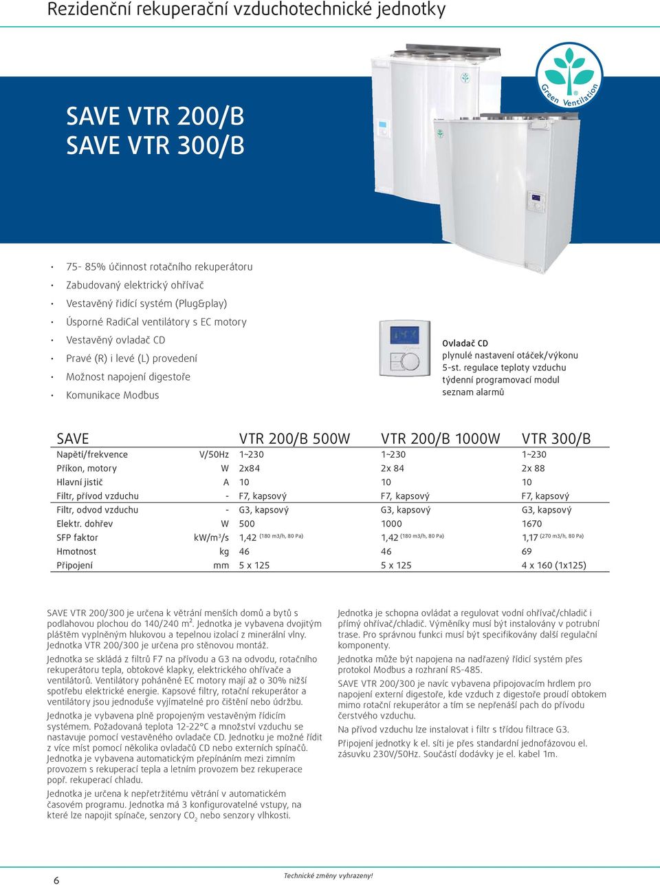 regulace teploty vzduchu týdenní programovací modul seznam alarmů SAVE VTR 200/B 500W VTR 200/B 1000W VTR 300/B Napětí/frekvence V/50Hz 1~230 1~230 1~230 Příkon, motory W 2x84 2x 84 2x 88 Hlavní