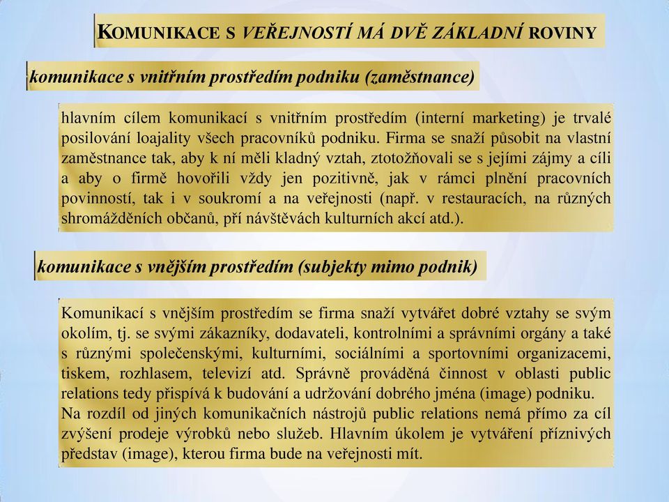 Firma se snaží působit na vlastní zaměstnance tak, aby k ní měli kladný vztah, ztotožňovali se s jejími zájmy a cíli a aby o firmě hovořili vždy jen pozitivně, jak v rámci plnění pracovních