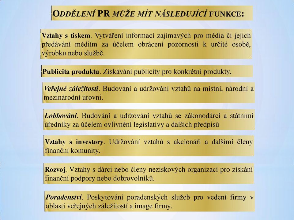 Budování a udržování vztahů se zákonodárci a státními úředníky za účelem ovlivnění legislativy a dalších předpisů Vztahy s investory.