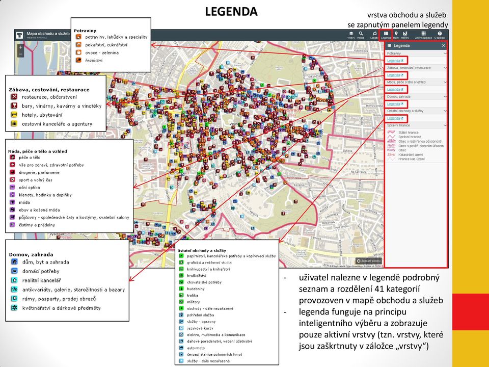 mapě obchodu a služeb - legenda funguje na principu inteligentního výběru a