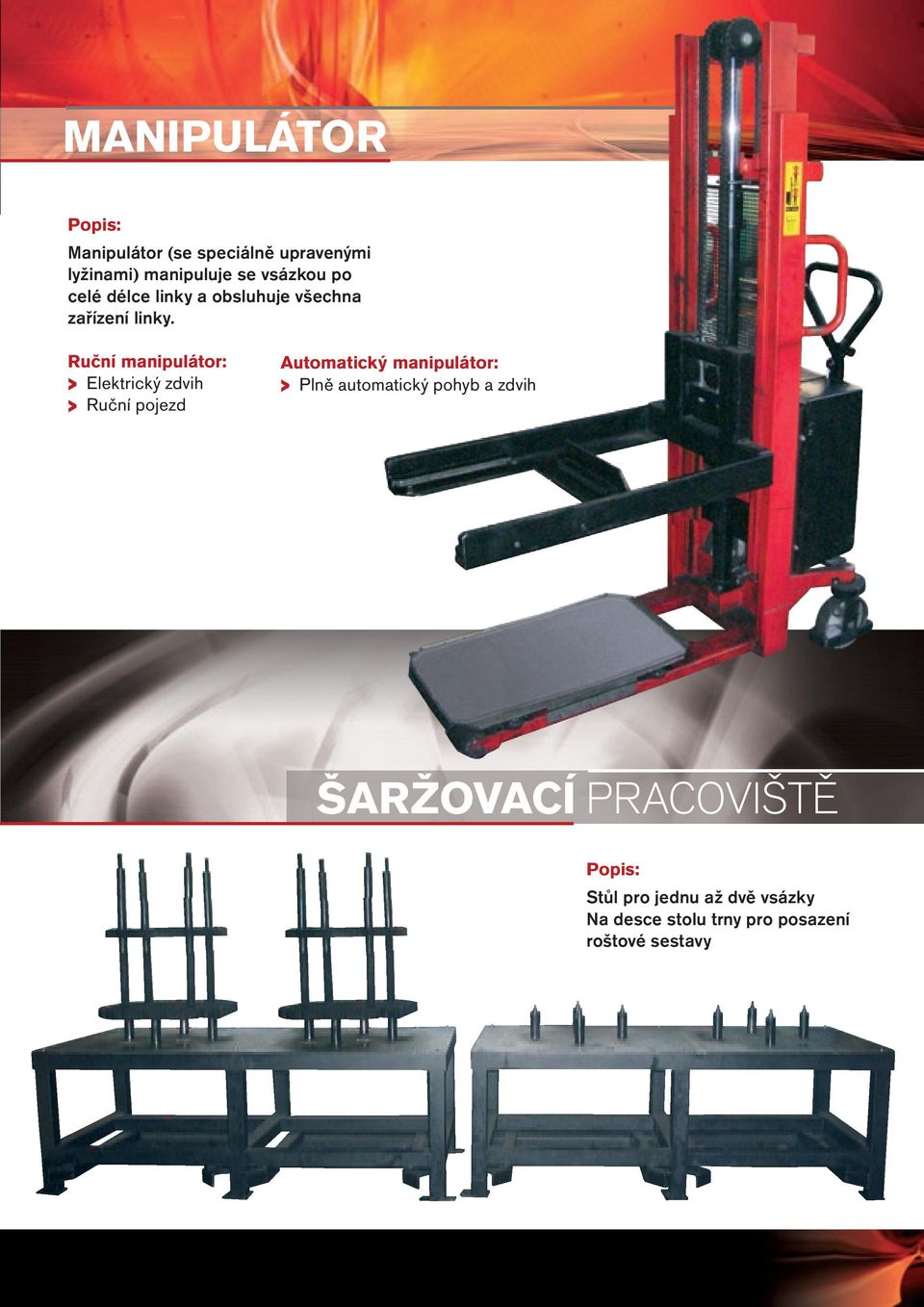 Ruční manipulátor: > Elektrický zdvih > Ruční pojezd Automatický manipulátor: > Plně