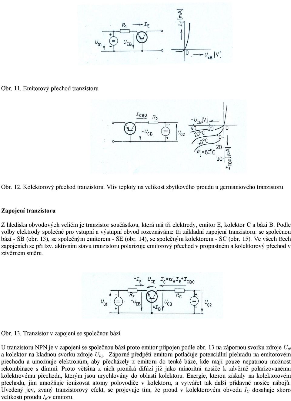 Podle volby elektrody společné pro vstupní a výstupní obvod rozeznáváme tři základní zapojení tranzistoru: se společnou bází - S (obr. 13), se společným emitorem - SE (obr.