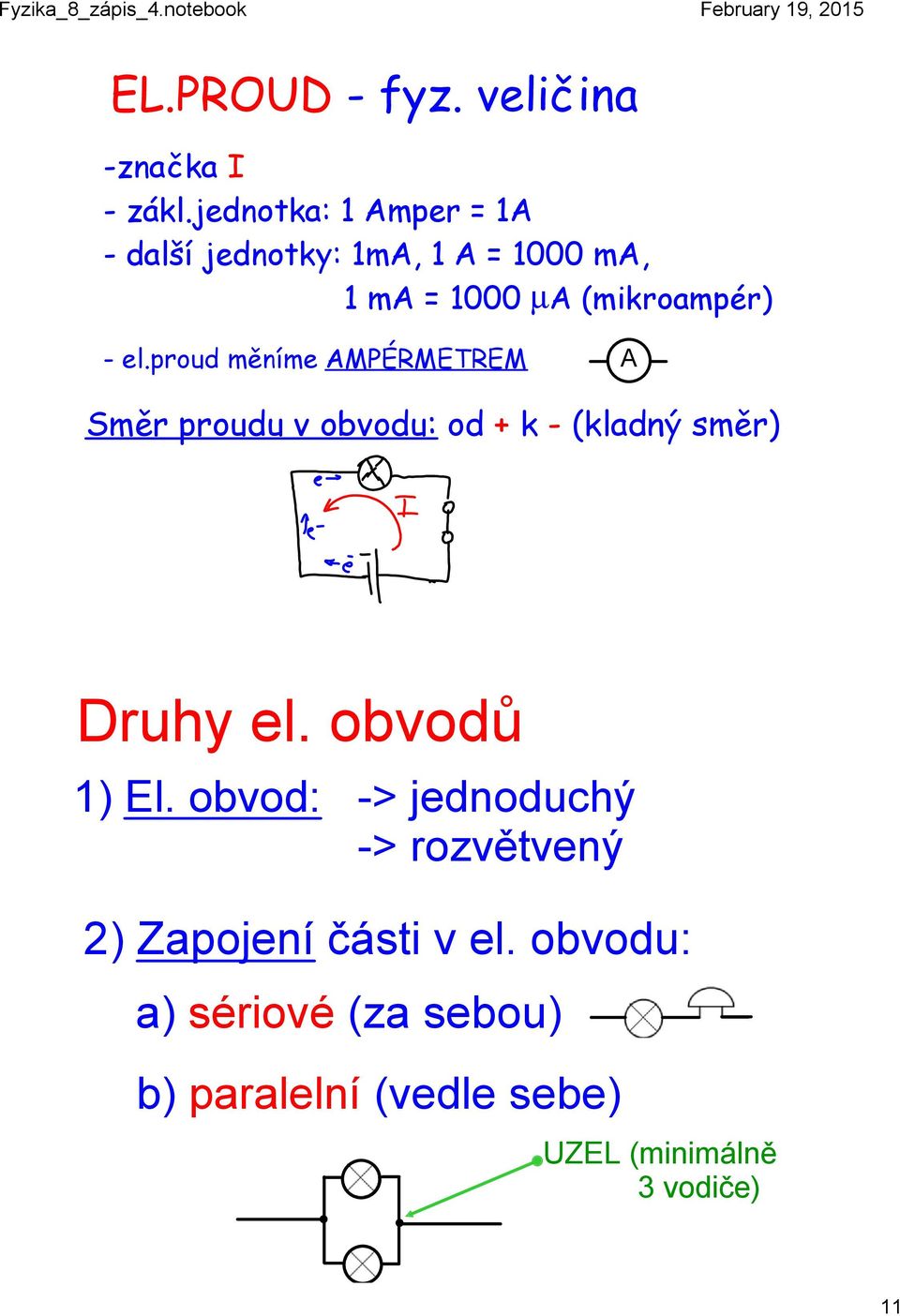 proud měníme AMPÉRMETREM A Směr proudu v obvodu: od + k - (kladný směr) Druhy el.