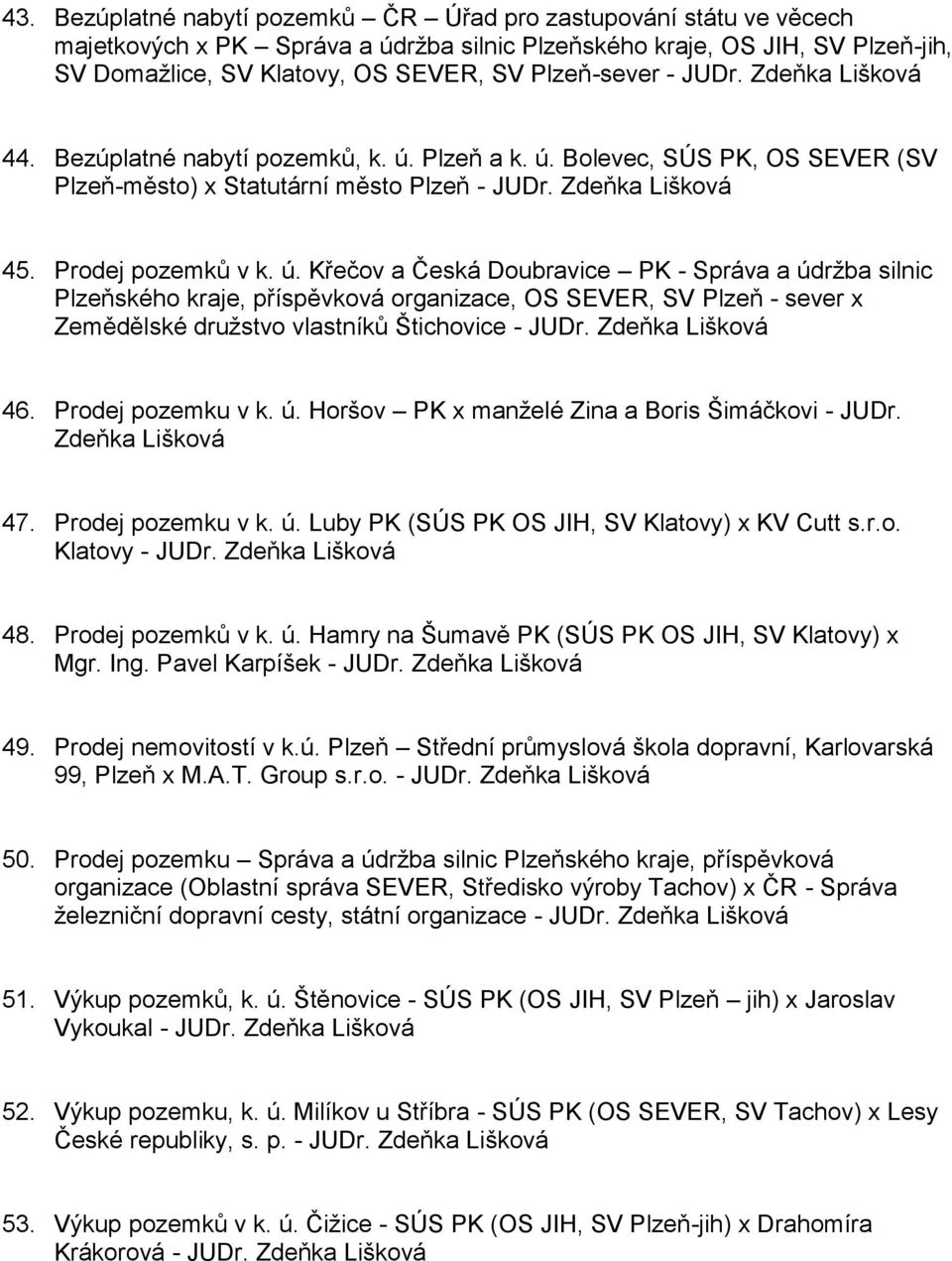 ú. Křečov a Česká Doubravice PK - Správa a údržba silnic Plzeňského kraje, příspěvková organizace, OS SEVER, SV Plzeň - sever x Zemědělské družstvo vlastníků Štichovice - JUDr. Zdeňka Lišková 46.