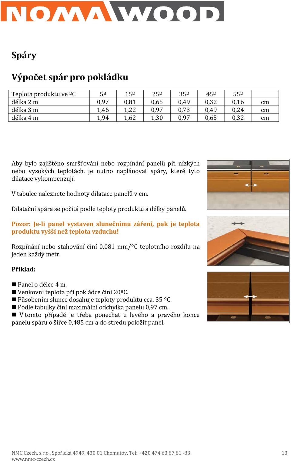 V tabulce naleznete hodnoty dilatace panelů v cm. Dilatační spára se počítá podle teploty produktu a délky panelů.