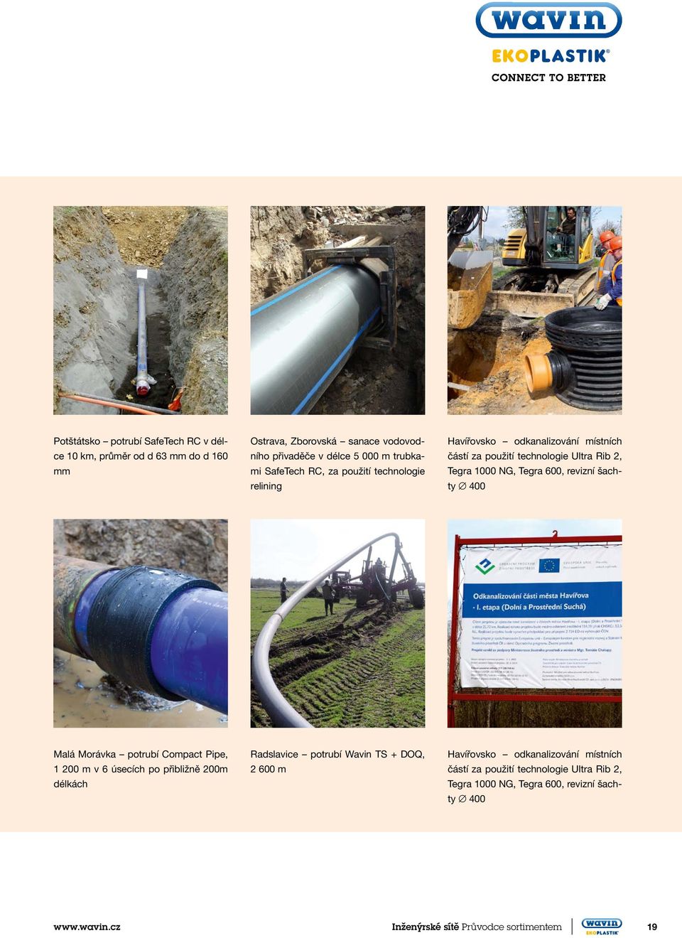 revizní šachty 400 Malá Morávka potrubí Compact Pipe, 1 200 m v 6 úsecích po přibližně 200m délkách Radslavice potrubí Wavin TS + DOQ, 2 600 m Havířovsko