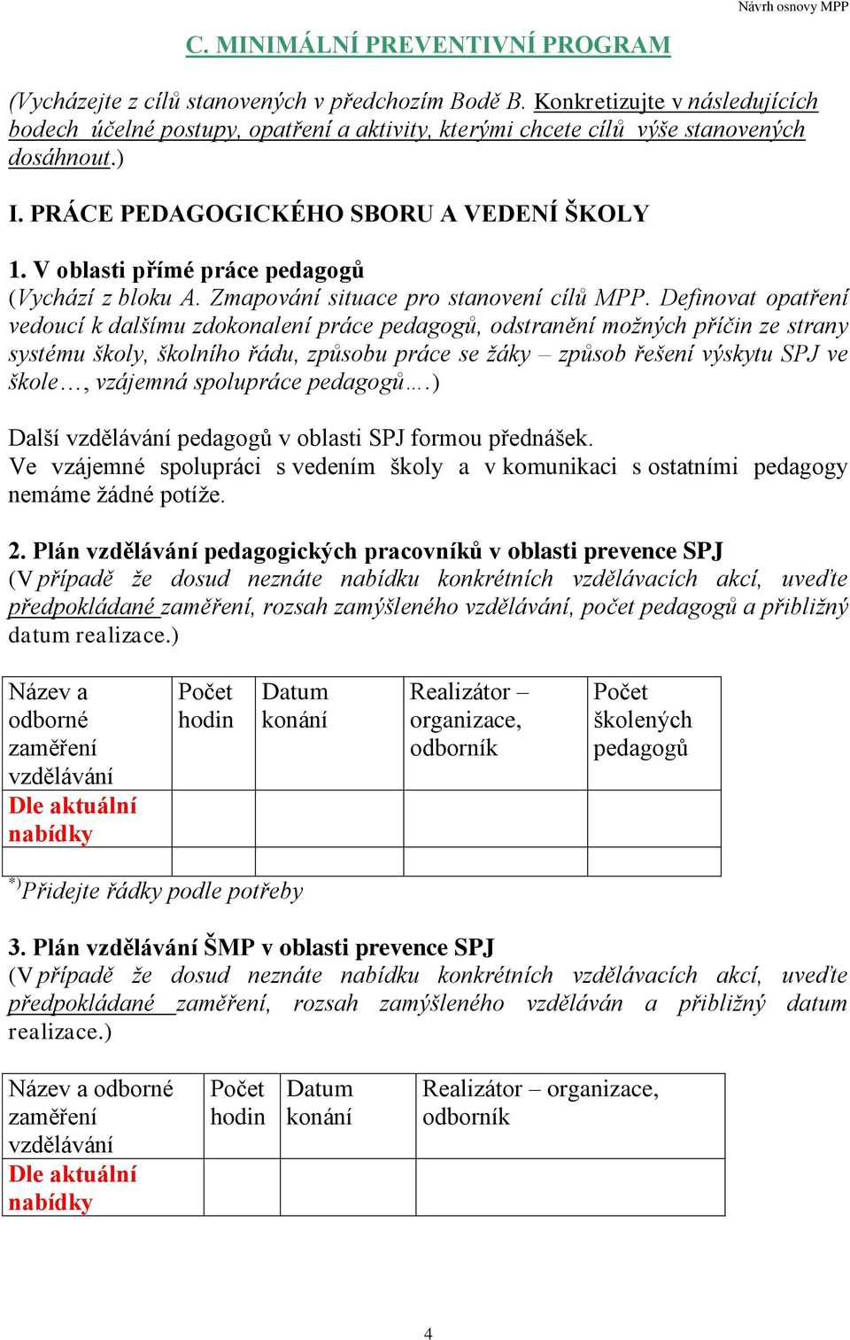 V oblasti přímé práce pedagogů (Vychází z bloku A. Zmapování situace pro stanovení cílů MPP.