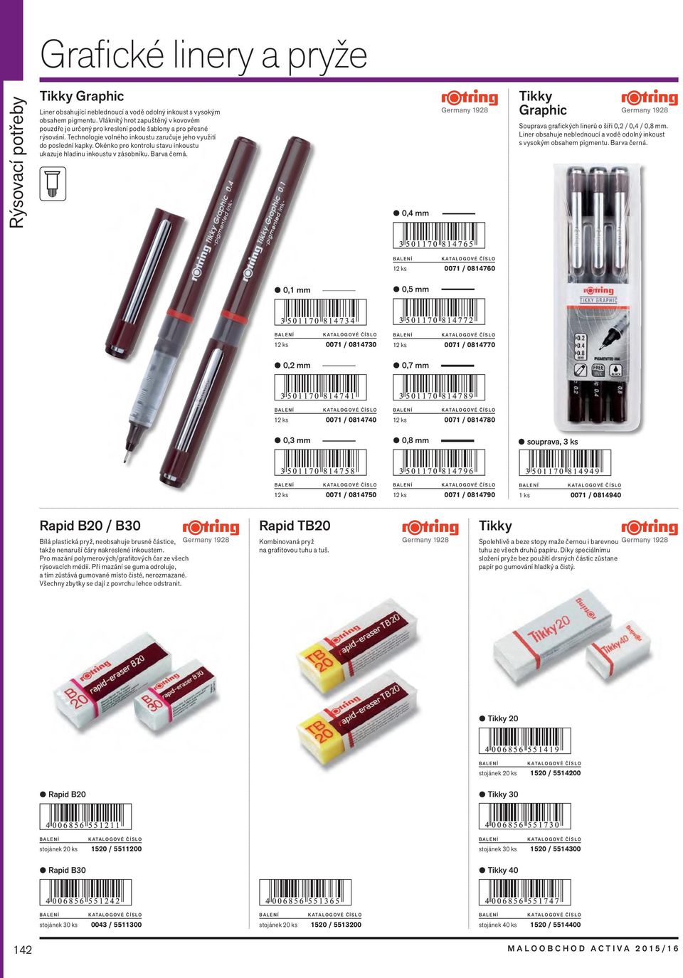 Okénko pro kontrolu stavu inkoustu ukazuje hladinu inkoustu v zásobníku. Barva černá. 0,4 mm Tikky Graphic Souprava grafických linerů o šíři 0,2 / 0,4 / 0,8 mm.