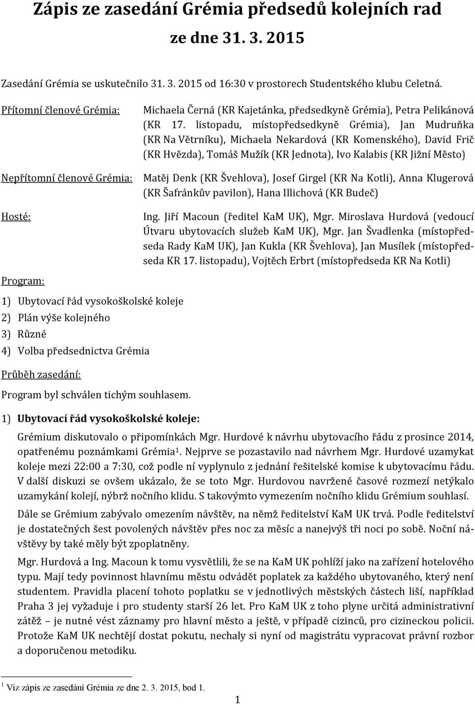 listopadu, místopředsedkyně Grémia), Jan Mudruňka (KR Na Větrníku), Michaela Nekardová (KR Komenského), David Frič (KR Hvězda), Tomáš Mužík (KR Jednota), Ivo Kalabis (KR Jižní Město) Matěj Denk (KR