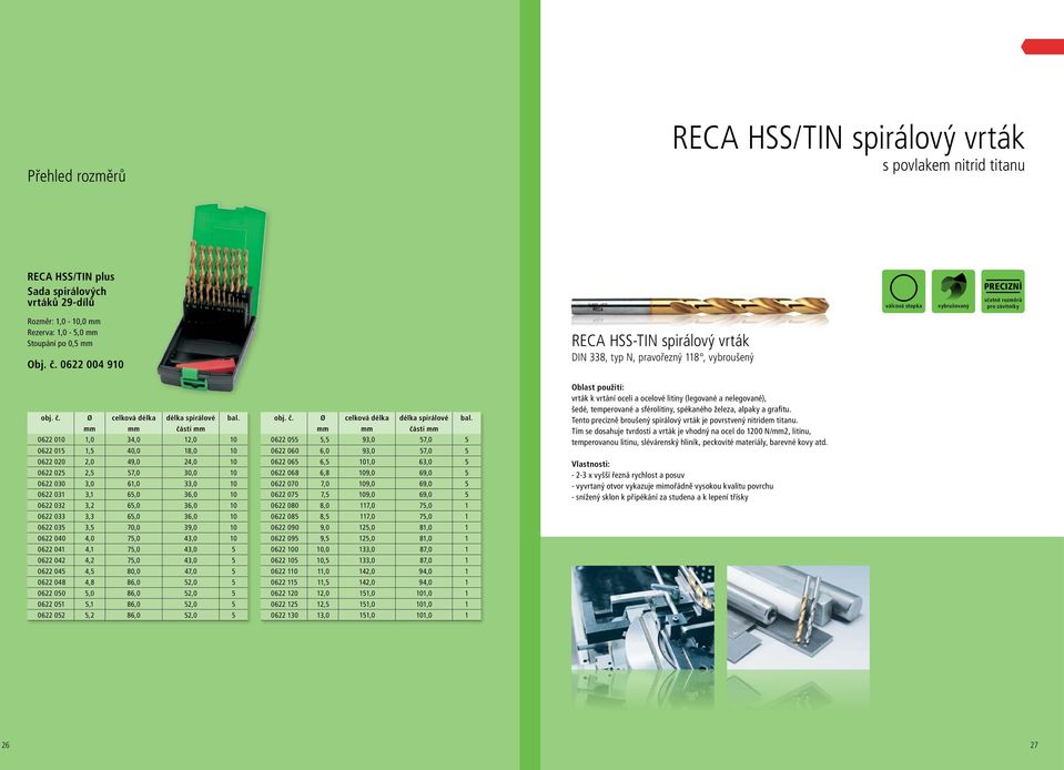 0622 004 910 RECA HSS-TIN spirálový vrták DIN 338, typ N, pravořezný 118, vybroušený 0622 010 1,0 34,0 12,0 10 0622 015 1,5 40,0 18,0 10 0622 020 2,0 49,0 24,0 10 0622 025 2,5 57,0 30,0 10 0622 030