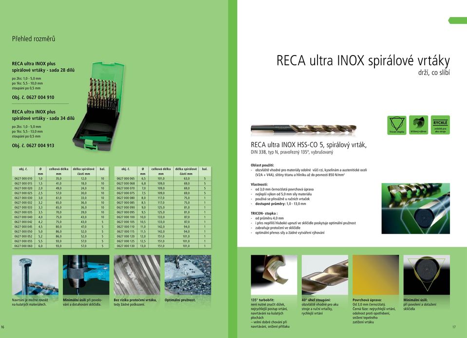 0627 004 913 RECA ultra INOX HSS-CO 5, spirálový vrták, DIN 338, typ N, pravořezný 135, vybrušovaný 0627 000 010 1,0 35,0 12,0 10 0627 000 015 1,5 41,0 18,0 10 0627 000 020 2,0 49,0 24,0 10 0627 000