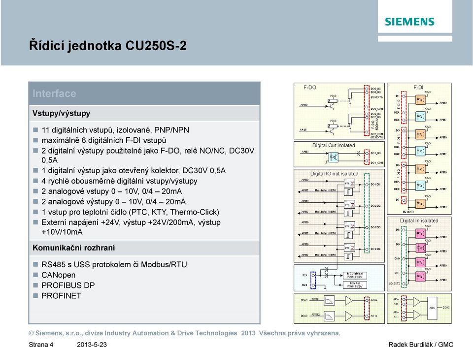 vstupy/výstupy 2 analogové vstupy 0 10V, 0/4 20mA 2 analogové výstupy 0 10V, 0/4 20mA 1 vstup pro teplotní čidlo (PTC, KTY, Thermo-Click)
