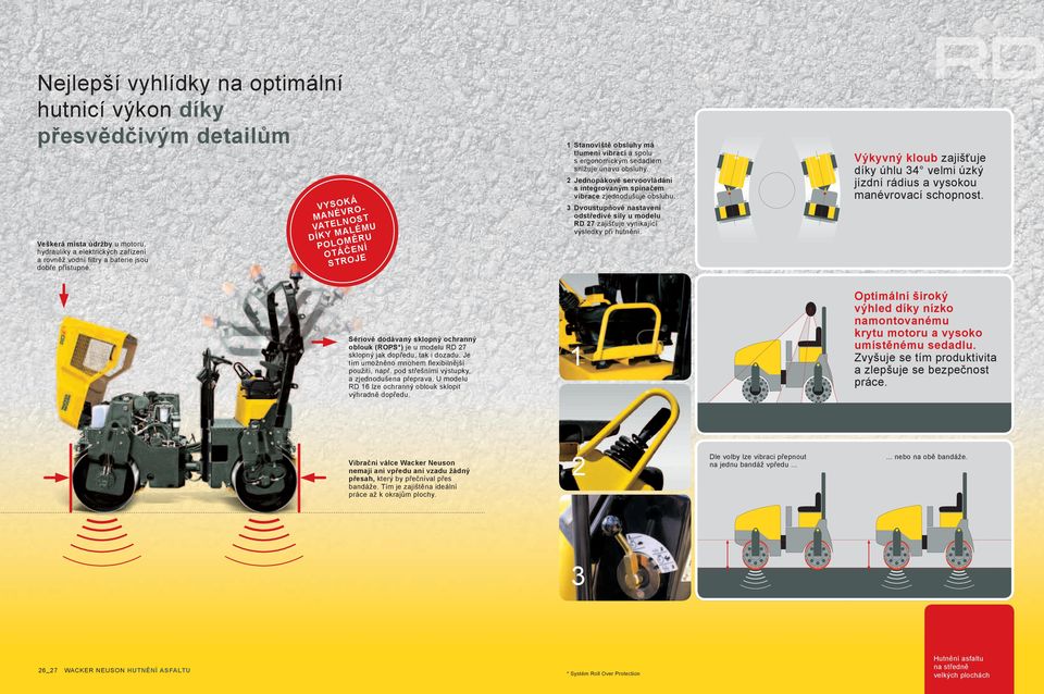 2 Jednopákové servoovládání s integrovaným spínačem vibrace zjednodušuje obsluhu. 3 Dvoustupňové nastavení odstředivé síly u modelu RD 27 zajišťuje vynikající výsledky při hutnění.