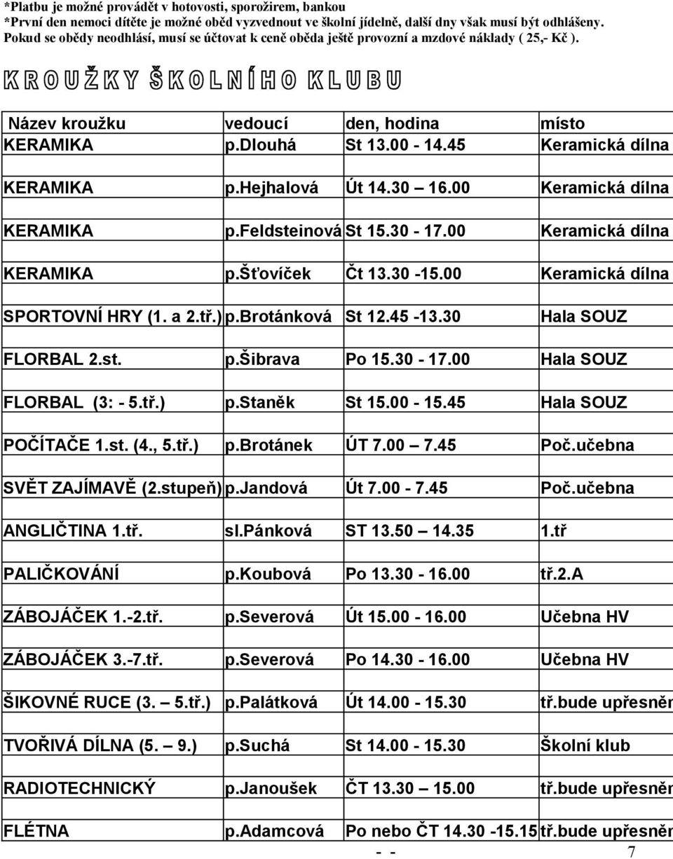 hejhalová Út.0 6.00 Keramická dílna KERAMIKA p.feldsteinová St.0-7.00 Keramická dílna KERAMIKA p.šťovíček Keramická dílna Čt.0 -.00 SPORTOVNÍ HRY (. a.tř.) p.brotánková St. -.0 Hala SOUZ FLORBAL.st. p.šibrava Po.