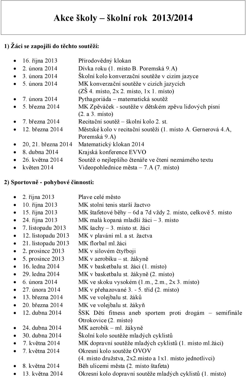 února 2014 Pythagoriáda matematická soutěž 5. března 2014 MK Zpěváček - soutěže v dětském zpěvu lidových písní (2. a 3. místo) 7. března 2014 Recitační soutěž školní kolo 2. st. 12.